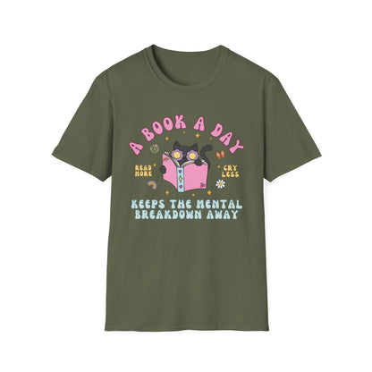 A Book A Day Keeps The Mental Breakdown Away (Groovy Cat) T-shirt
