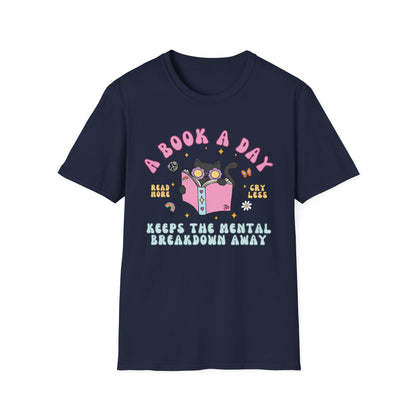 A Book A Day Keeps The Mental Breakdown Away (Groovy Cat) T-shirt