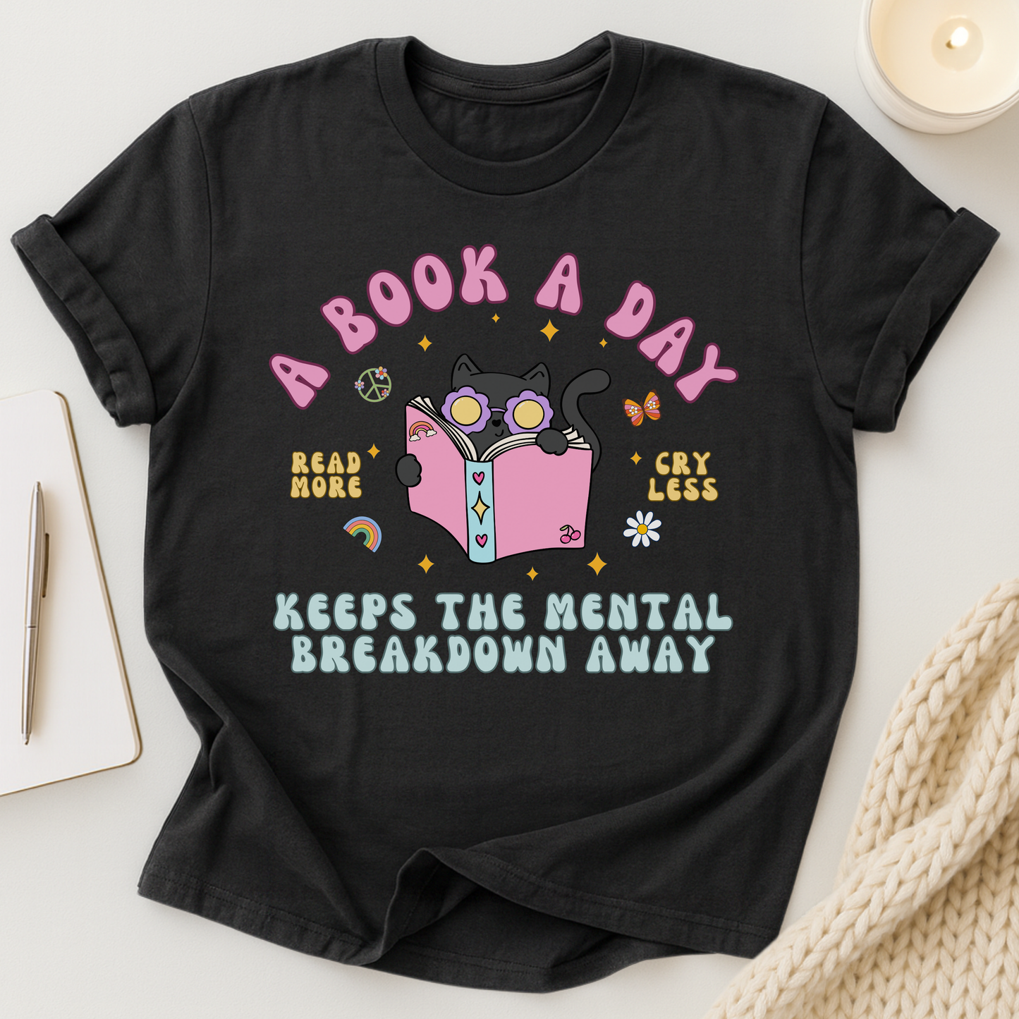 A Book A Day Keeps The Mental Breakdown Away (Groovy Cat) T-shirt