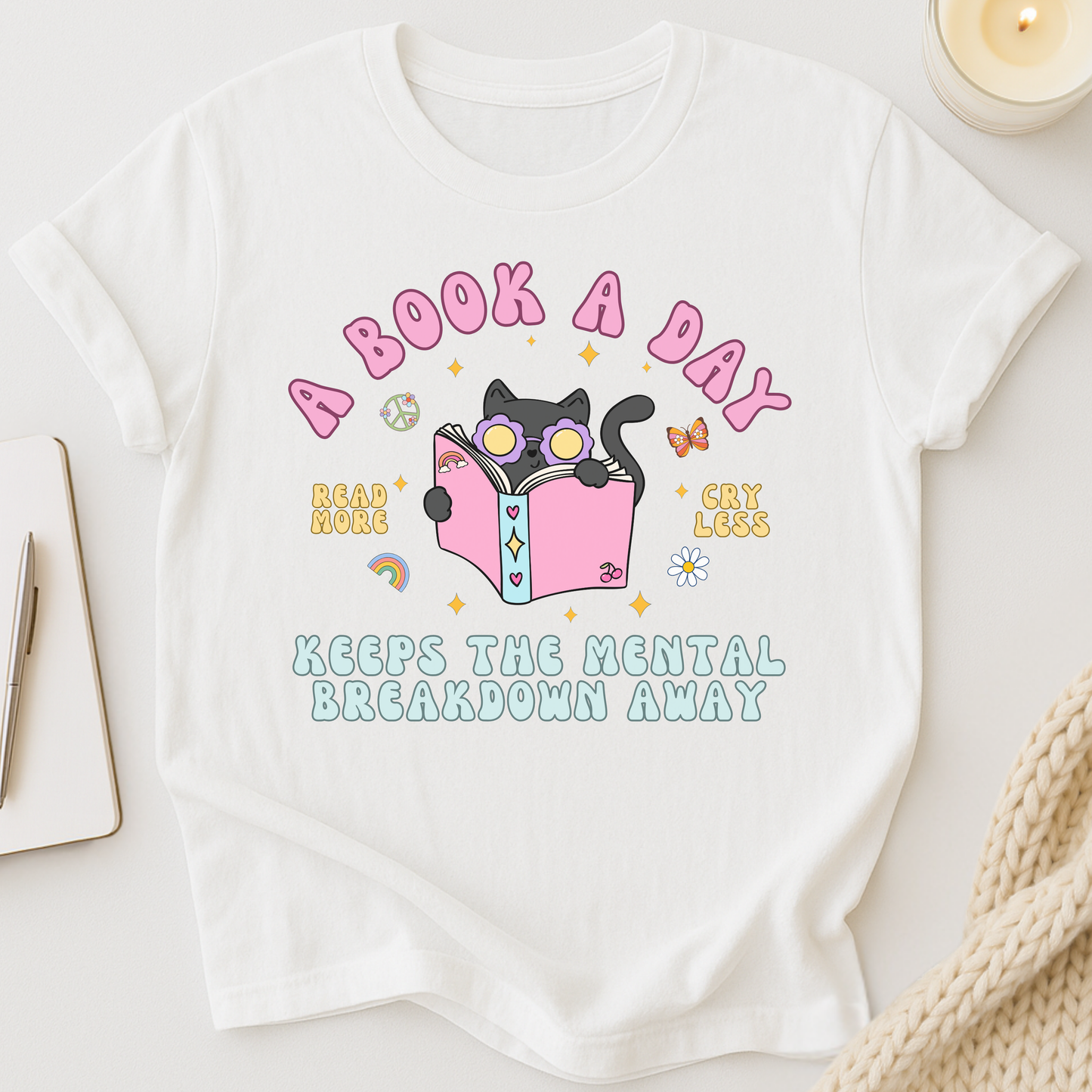 A Book A Day Keeps The Mental Breakdown Away (Groovy Cat) T-shirt