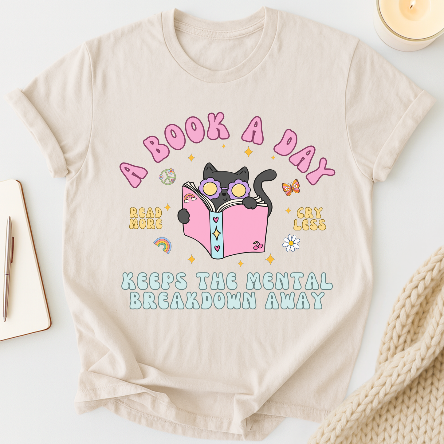 A Book A Day Keeps The Mental Breakdown Away (Groovy Cat) T-shirt
